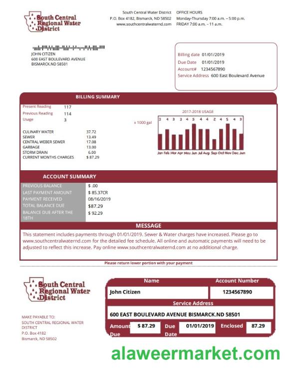 USA North Dakota South Central Regional Water District utility bill template in Word and PDF format
